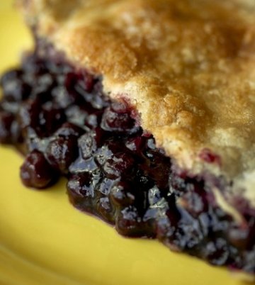 A slice of sweet huckleberry pie on a plate.